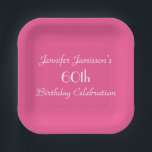 Hot Pink 60th Birthday Party Name Square Paper Plate<br><div class="desc">A solid hot pink background decorates this unique and fun party paper plate. Although default says "60th Birthday", you can easily change the text for name, # of years, and event. Very feminine and girly! Choose modern square or traditional round shape. Matching paper napkins available on zazzle at SocolikCardShop. All...</div>