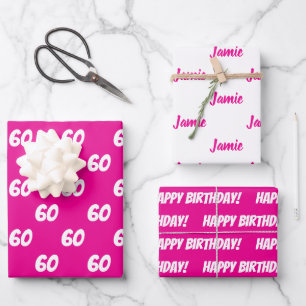 HOT PINK 60th Happy Birthday Custom Name Wrapping Paper Sheet