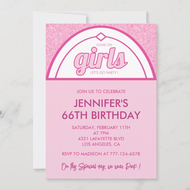 Hot pink 66th birthday invitations Girl Glitter  (Front)