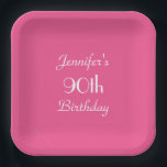 Hot Pink 90th Birthday Party, Name, Minimalist Paper Plate<br><div class="desc">A minimalist, simple, solid hot pink background decorates this unique and fun party paper plate. Although default says "90th Birthday", you can easily change the text for name, # of years, and event. Very feminine and girly! Matching paper napkins available on zazzle at SocolikCardShop. All Rights Reserved © 2014 Alan...</div>