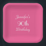 Hot Pink 90th Birthday Party, Name, Minimalist Paper Plate<br><div class="desc">A minimalist, simple, solid hot pink background decorates this unique and fun party paper plate. Although default says "90th Birthday", you can easily change the text for name, # of years, and event. Very feminine and girly! Matching paper napkins available on zazzle at SocolikCardShop. All Rights Reserved © 2014 Alan...</div>