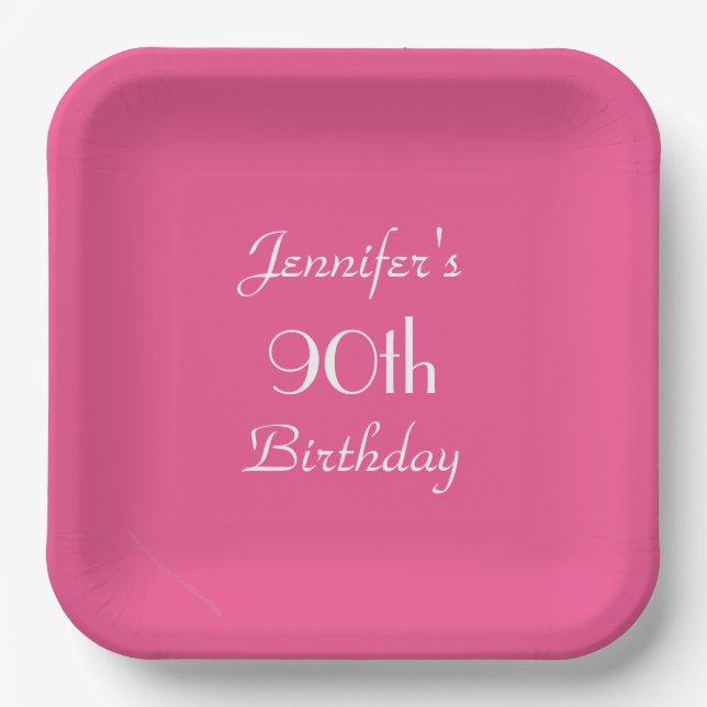 Hot Pink 90th Birthday Party, Name, Minimalist Paper Plate (Front)