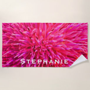 Hot Pink Abstract Beach Towel with White Name