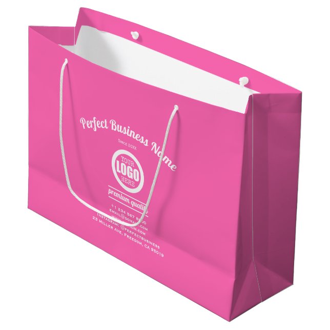 Hot Pink Add Your Logo Custom Girly Simple Elegant Large Gift Bag (Front Angled)