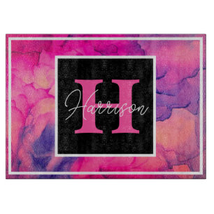 Hot Pink Alcohol Ink Monogram Personalized Cutting Board