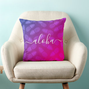 Hot Pink Aloha Script Pineapple Pattern Tropical Cushion