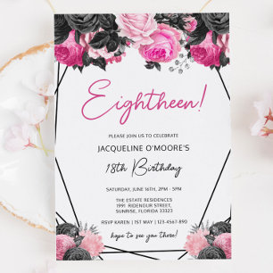 Hot Pink and Black 18th Birthday Invitation
