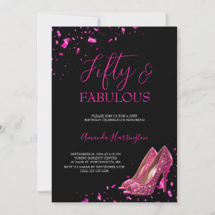 Hot Pink and Black 50 and Fabulous 50th Birthday  Invitation