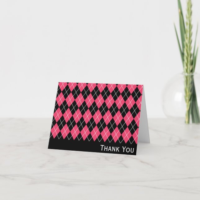 Hot Pink and Black Argyle Thank You Note Card (Front)