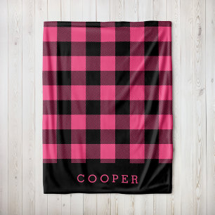Hot Pink and Black Buffalo Check Monogram Fleece Blanket