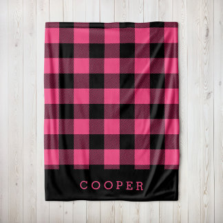 Hot Pink and Black Buffalo Check Monogram Fleece Blanket