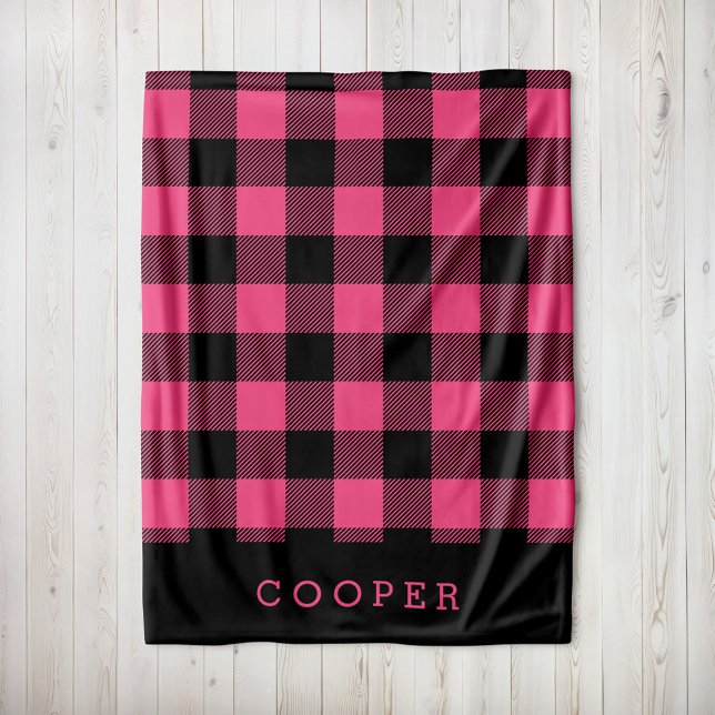 Hot Pink and Black Buffalo Check Monogram Fleece Blanket (Creator Uploaded)