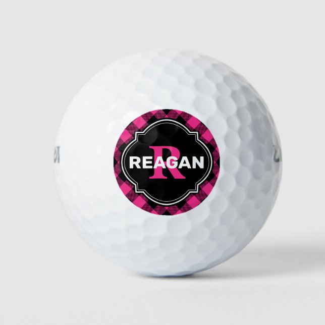 Hot Pink and Black Buffalo Plaid Name Monogram Golf Balls (Front)