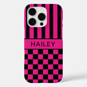 Hot Pink and Black Checkered Striped Personalized iPhone 16 Pro Case