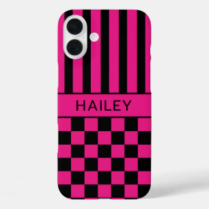 Hot Pink and Black Checkered Striped Personalized iPhone 16 Plus Case