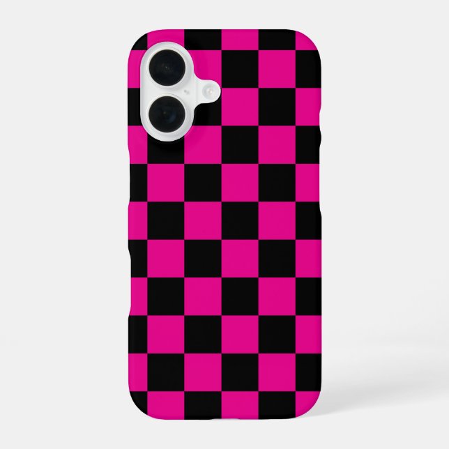 Hot Pink and Black Chequered Print  iPhone 16 Case (Back)