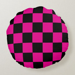 Hot Pink and Black Chequered Round Cushion