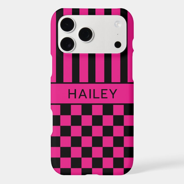 Hot Pink and Black Chequered Striped Personalised (Back)