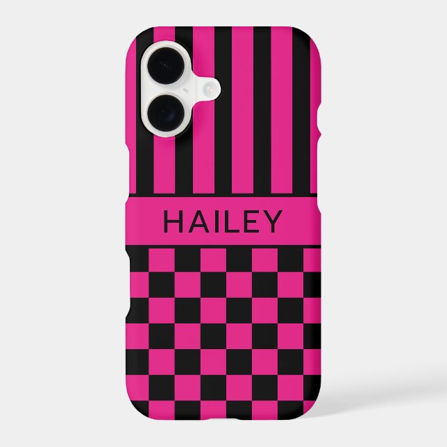 Hot Pink and Black Chequered Striped Personalised (Back)