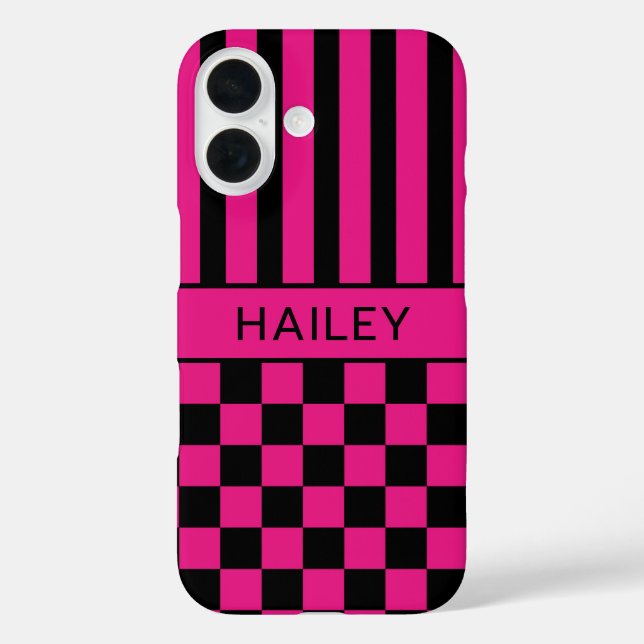 Hot Pink and Black Chequered Striped Personalised Case-Mate iPhone Case (Back)