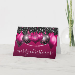 Hot Pink and Black Christmas Baubles Ornaments Holiday Card