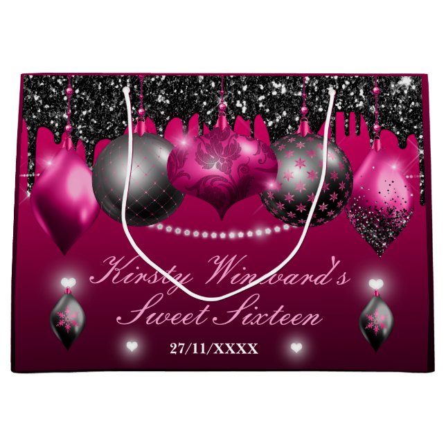 Hot Pink and Black Christmas Ornament Sweet 16 Large Gift Bag (Front)