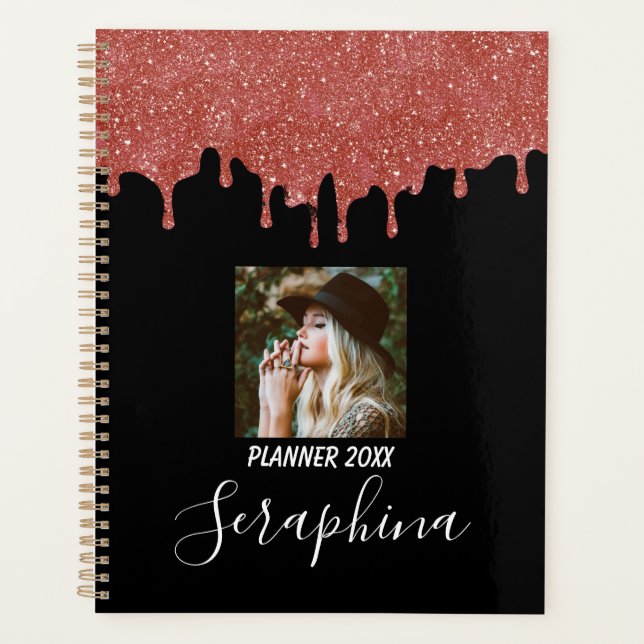 Hot Pink and Black Custom Photo Glitter Drips Planner (Front)