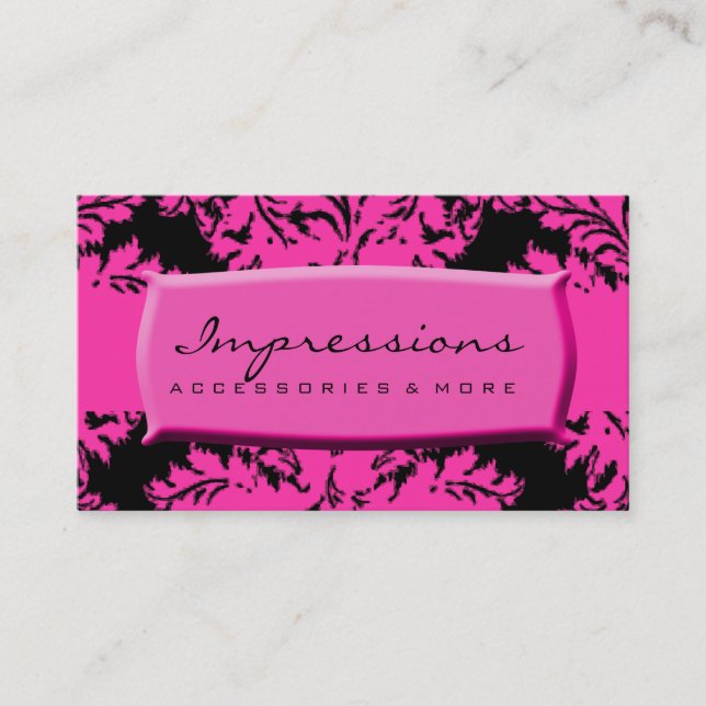 Hot Pink and Black Damask Business Card (Front)