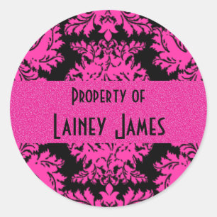 Hot Pink and Black Damask Classic Round Sticker
