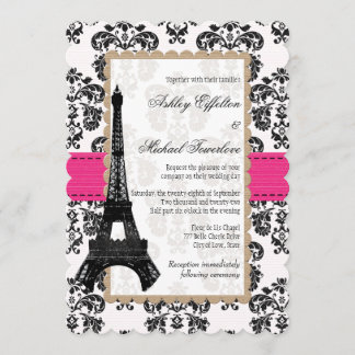 Hot Pink and Black Damask Eiffel Tower Wedding Invitation
