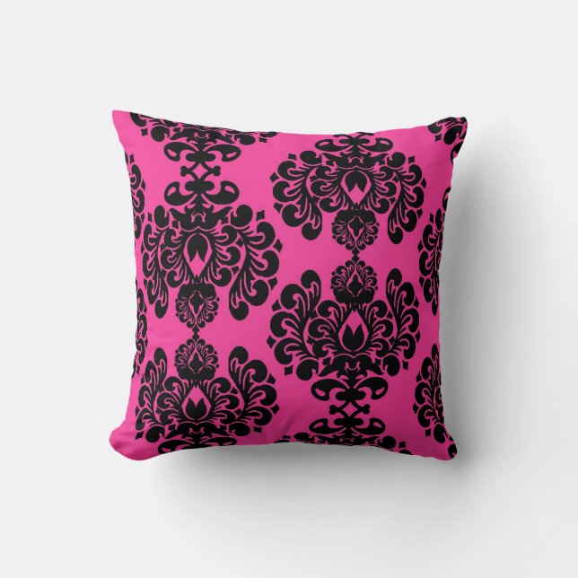 Hot Pink And Black Damask Throw Pillow (Front)