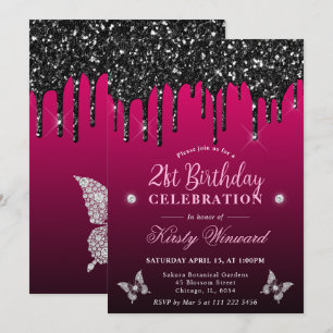 Hot Pink and Black Dripping Glitter 21st Birthday Invitation