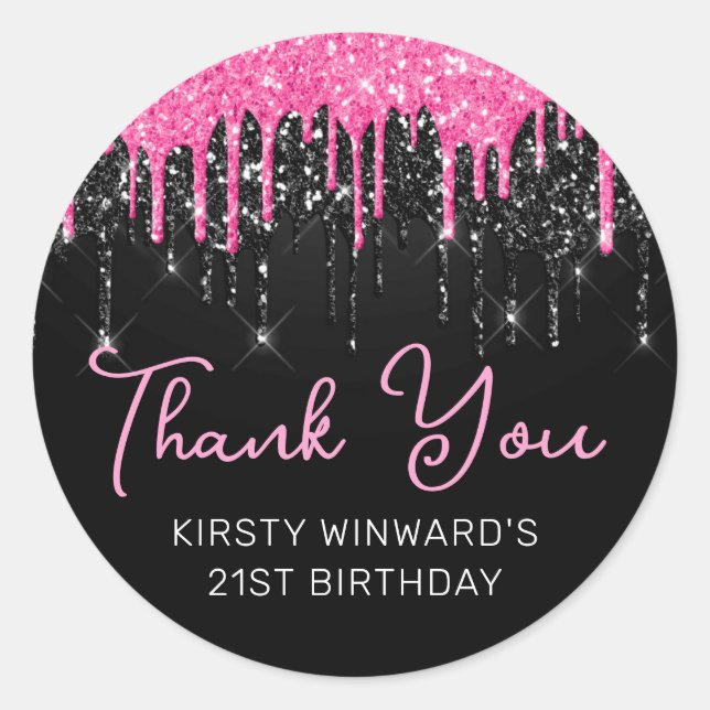 Hot Pink and Black Dripping Glitter Birthday Classic Round Sticker (Front)
