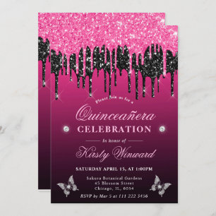 Hot Pink and Black Dripping Glitter Quinceanera Invitation