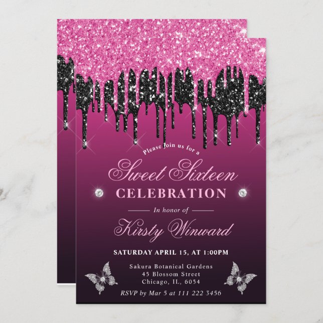 Hot Pink and Black Dripping Glitter Sweet 16 Invitation (Front/Back)