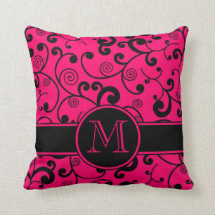 Hot Pink and Black Filigree Scroll with Monogram Cushion