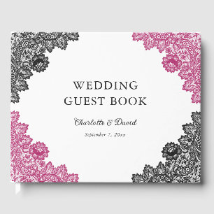 Hot Pink and Black Floral Lace Wedding Guest Book