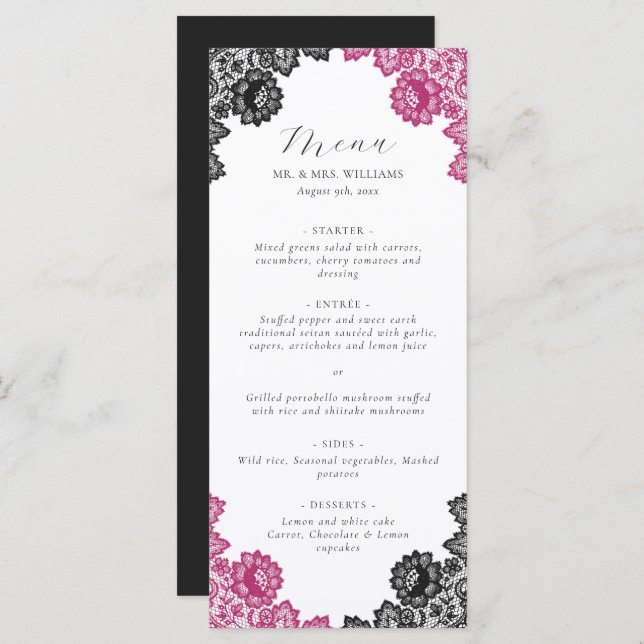 Hot Pink and Black Floral Lace Wedding Menu (Front/Back)