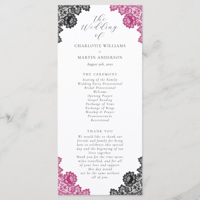 Hot Pink and Black Floral Lace Wedding Programme (Front)