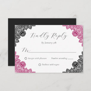 Hot Pink and Black Floral Lace Wedding RSVP Card