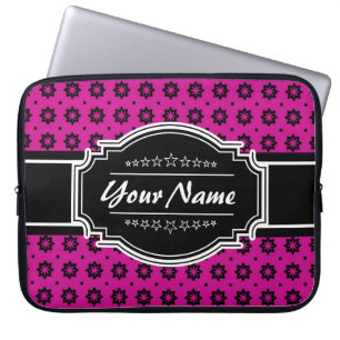 Hot Pink and Black Floral Tile Personalised Laptop Sleeve