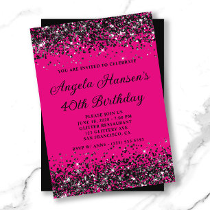 Hot Pink and Black Glitter 40th Birthday Invitation