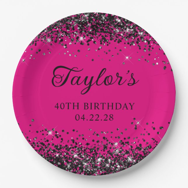 Hot Pink and Black Glitter 40th Birthday Paper Plate (Front)