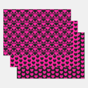 Hot Pink and Black Heart Wrapping Paper Sheets