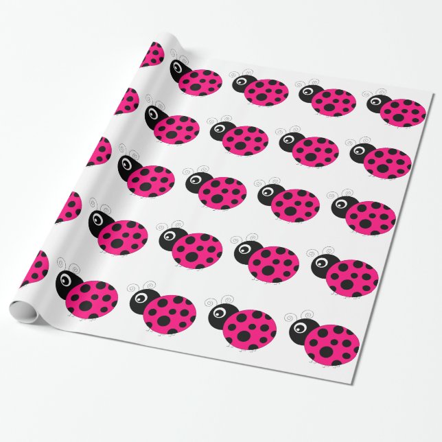 Hot Pink and Black Ladybug Wrapping Paper (Unrolled)