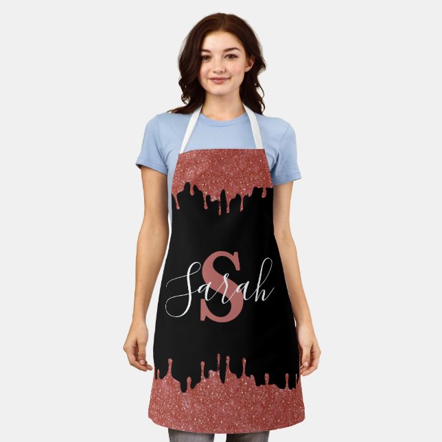 Hot Pink and Black Monogram Glitter Drips Apron (Worn)