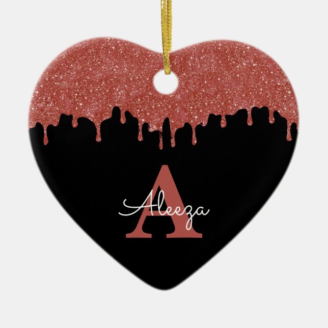 Hot Pink and Black Monogram Glitter Drips Ceramic Tree Decoration (Front)