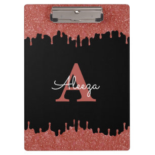 Hot Pink and Black Monogram Glitter Drips Clipboard