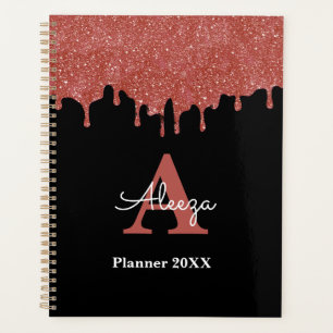 Hot Pink and Black Monogram Glitter Drips Planner