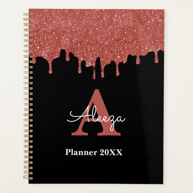 Hot Pink and Black Monogram Glitter Drips Planner (Front)